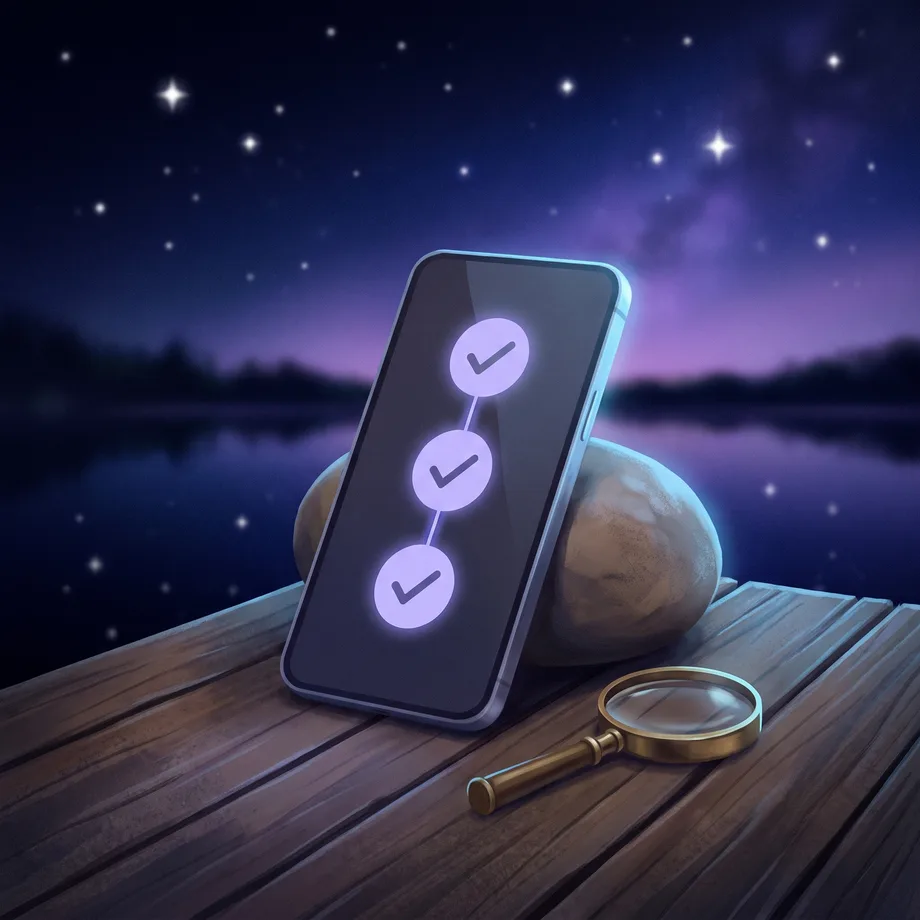 Phone with three check marks on a lakeside dock