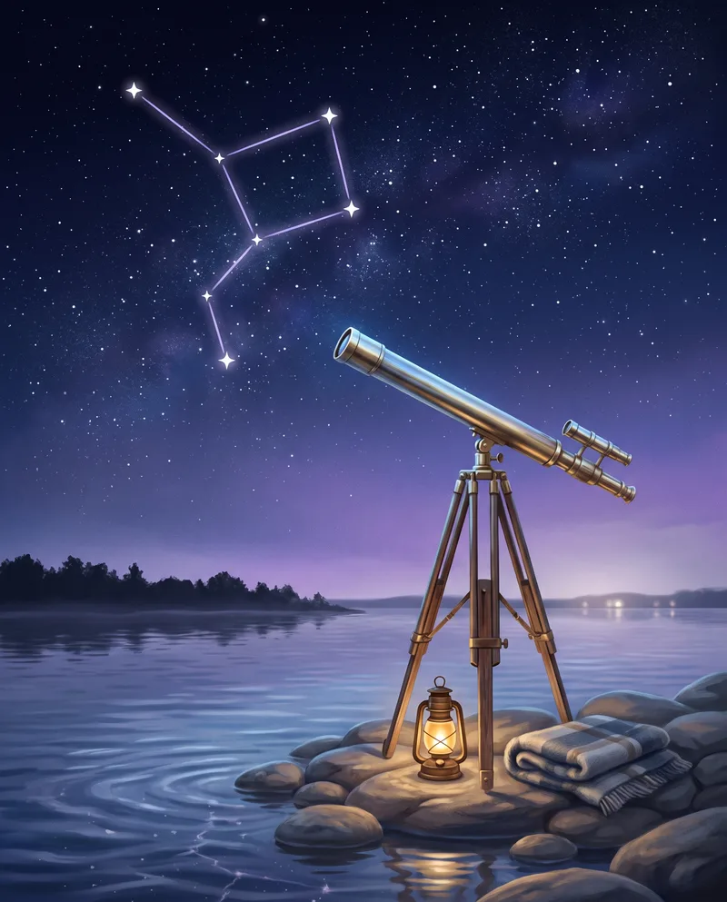 Brass telescope on a rocky lakeshore under the stars
