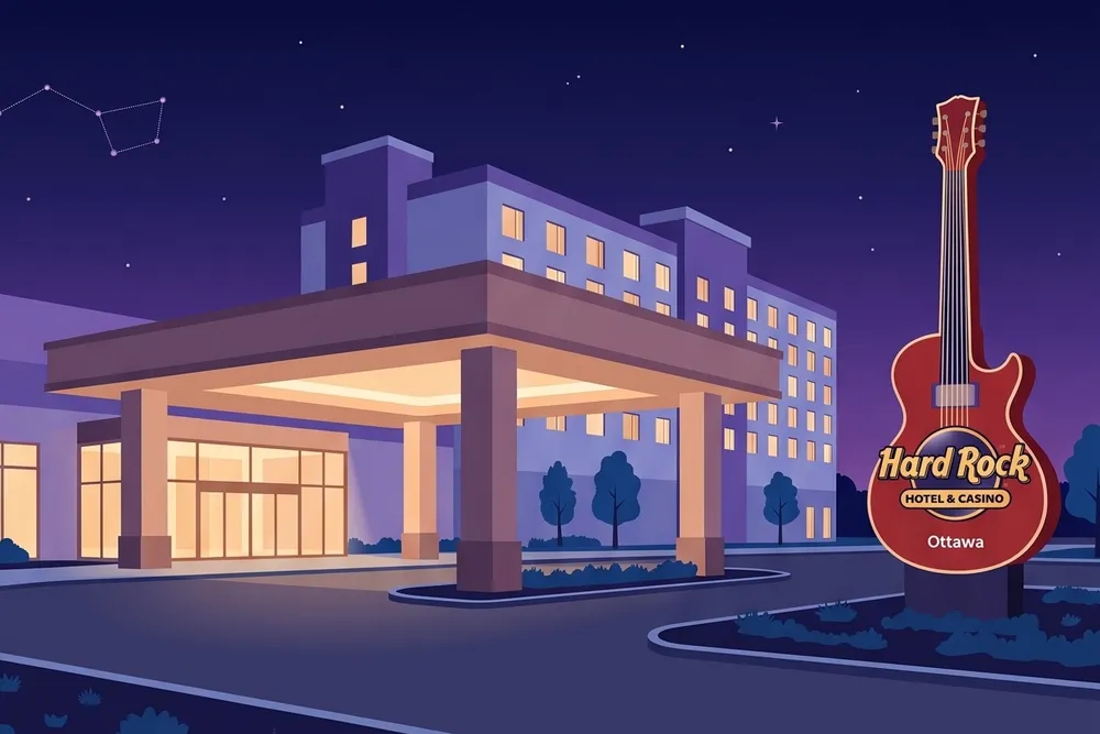 Hard Rock Ottawa entrance canopy and guitar sign